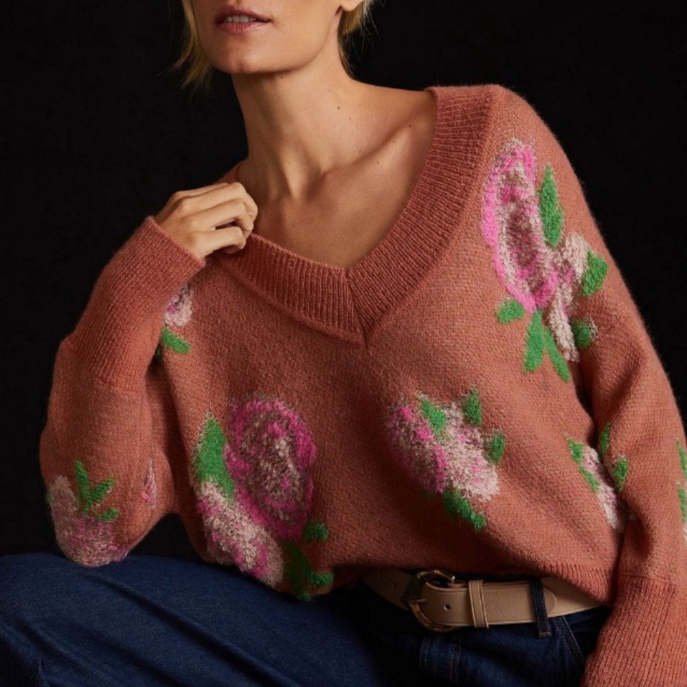 Anthropologie Floral V-Neck Fall Sweater, NEW